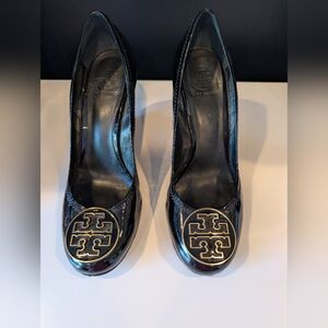 Tory Burch Caroline Black Patent Leather Wedges with Gold Medallion Logo